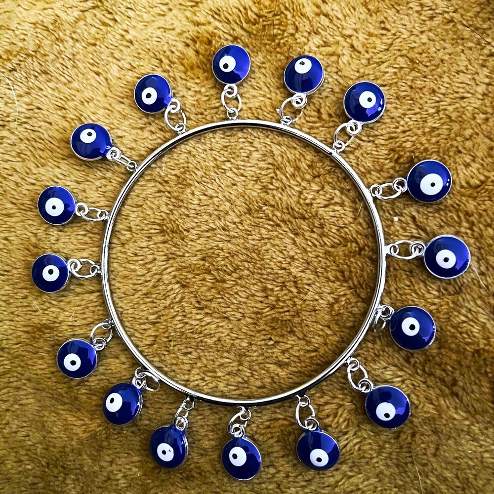 Handmade evil eye 8 inch silver metal bangle
